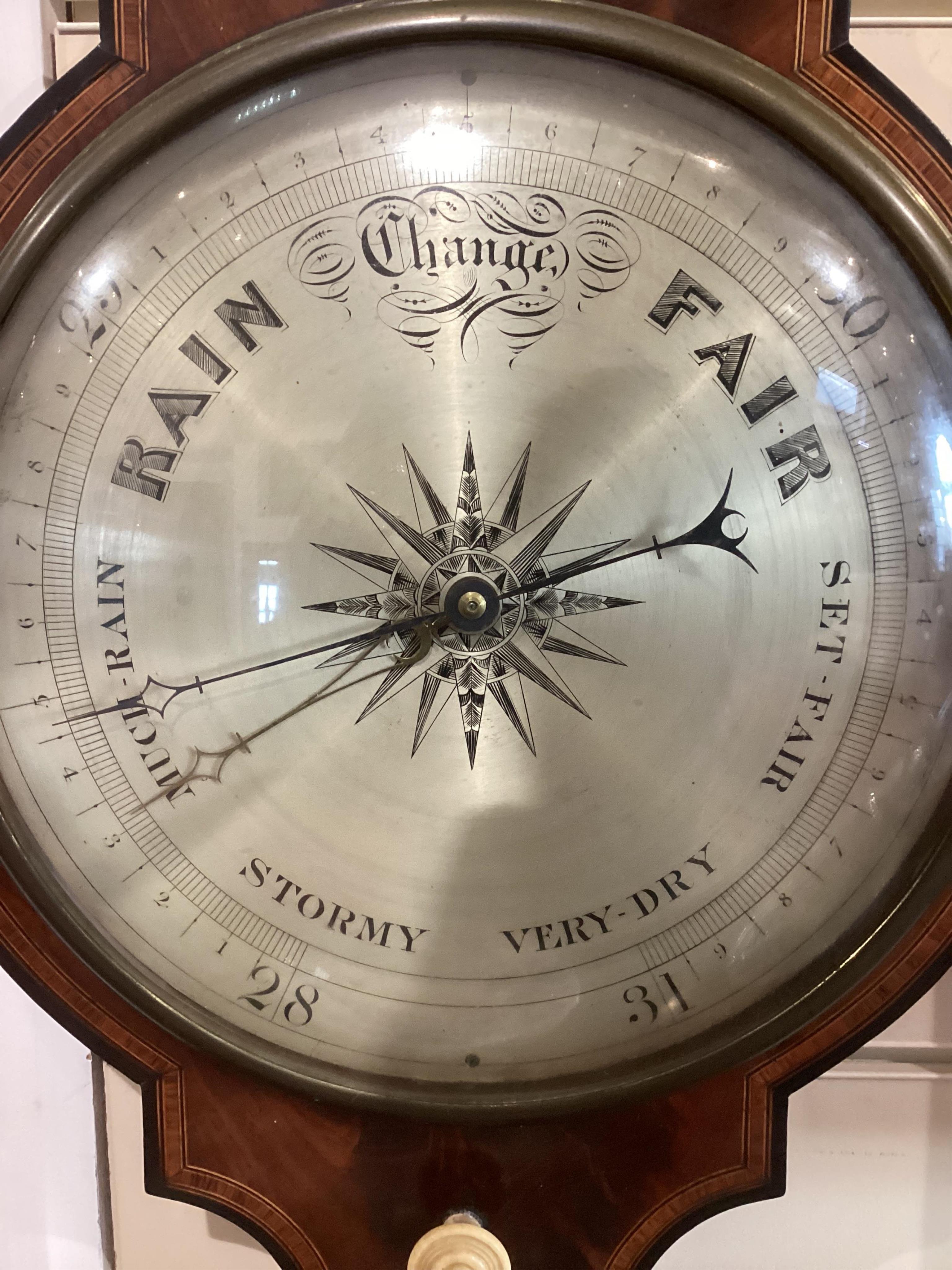 A large mid 19th century tulipwood banded mahogany wheel barometer, by C. Rimondi, Halifax